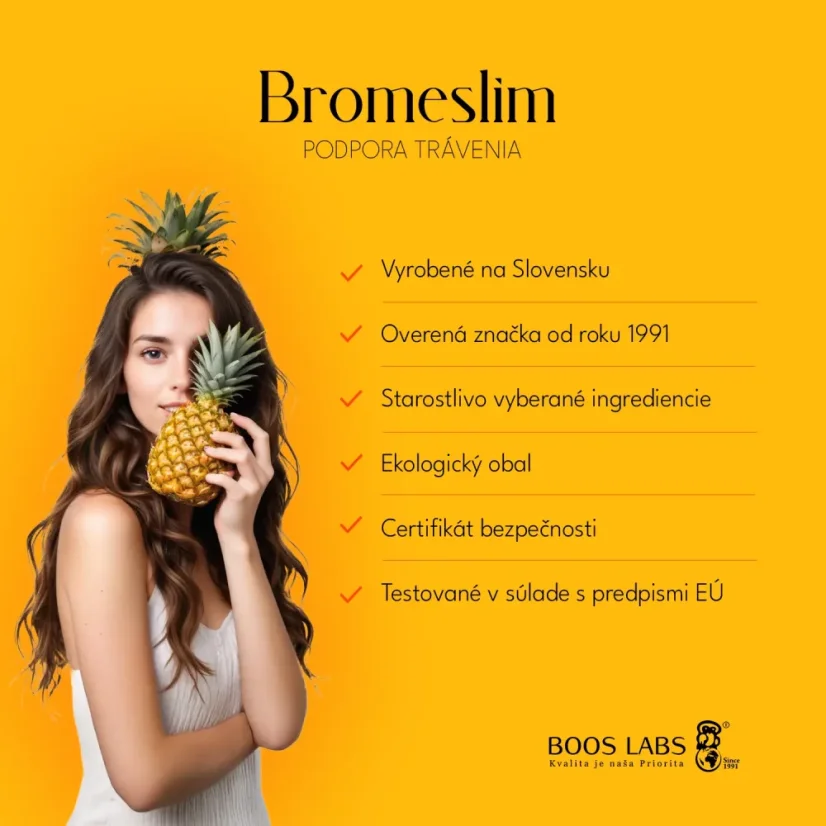 Bromeslim – prírodný výživový doplnok na zlepšenie trávenia s enzýmami bromelain a papain na lepšie trávenie, zmiernenie nafukovania a podpora trávenia
